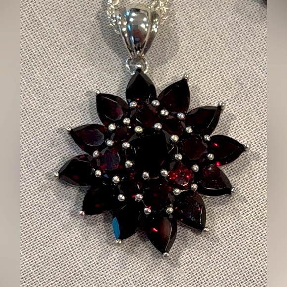 Sterling 13.50 Ct tw Garnet Cluster pendant w/18” magnetic clasp chain. - Picture 5 of 9
